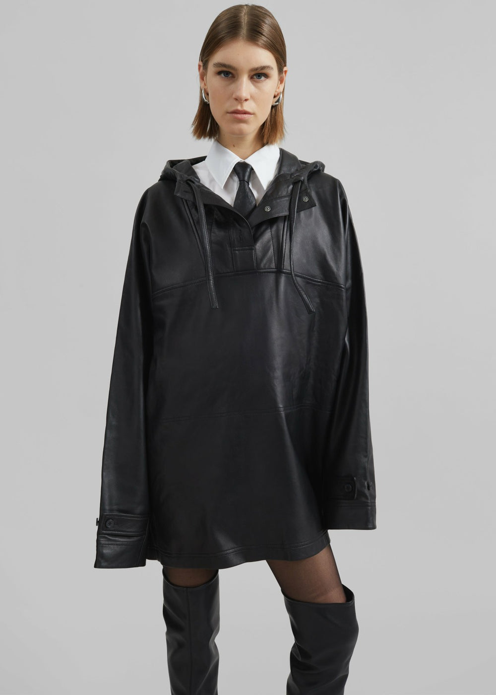 Kevin Leather Hooded Overshirt - Black
