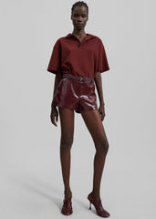 Kate Crackled Faux Leather Mini Shorts - Burgundy