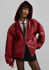 Burnaby Faux Leather Zip-Up Hoodie - Red