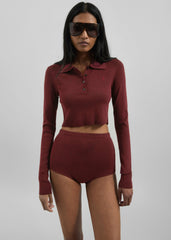 Giselle Cropped Knit Polo - Burgundy