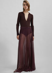 Vallen Pleated Mesh Maxi Skirt - Burgundy