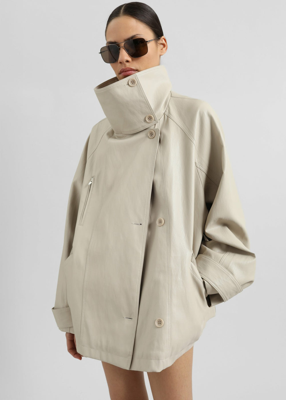 Amunta Faux Leather Trench Jacket - Light Beige