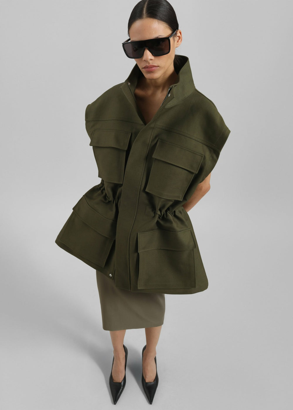 Melton Detachable Sleeve Cargo Jacket - Khaki