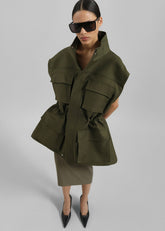 Melton Detachable Sleeve Cargo Jacket - Khaki