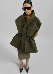 Melton Detachable Sleeve Cargo Jacket - Khaki