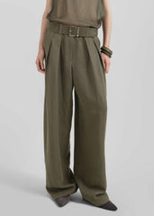 Daytona Pleated Linen Trousers - Khaki