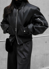 Sille Faux-Leather Cropped Bomber - Black