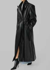 Connie Faux Leather Belted Trench Coat - Black