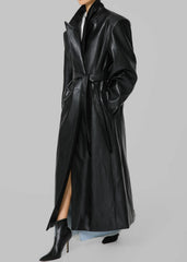 Connie Faux Leather Belted Trench Coat - Black