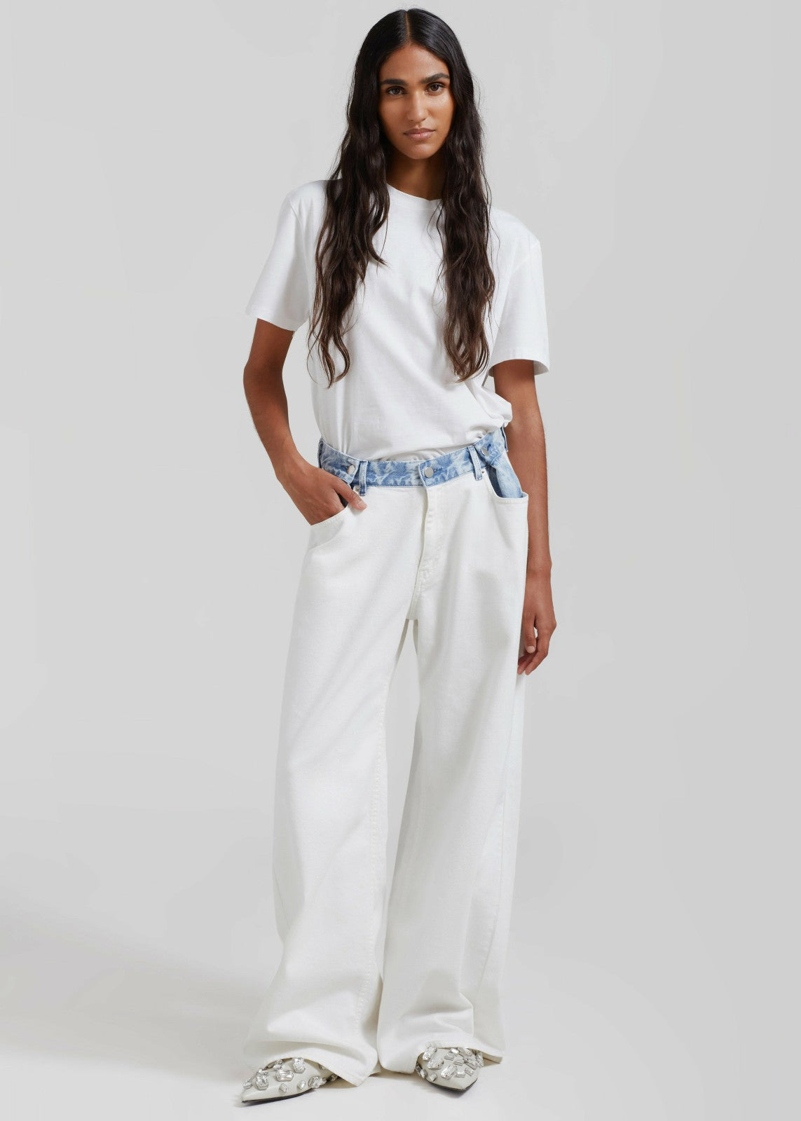 Hayla Contrast Denim Pants - Off White/Blue
