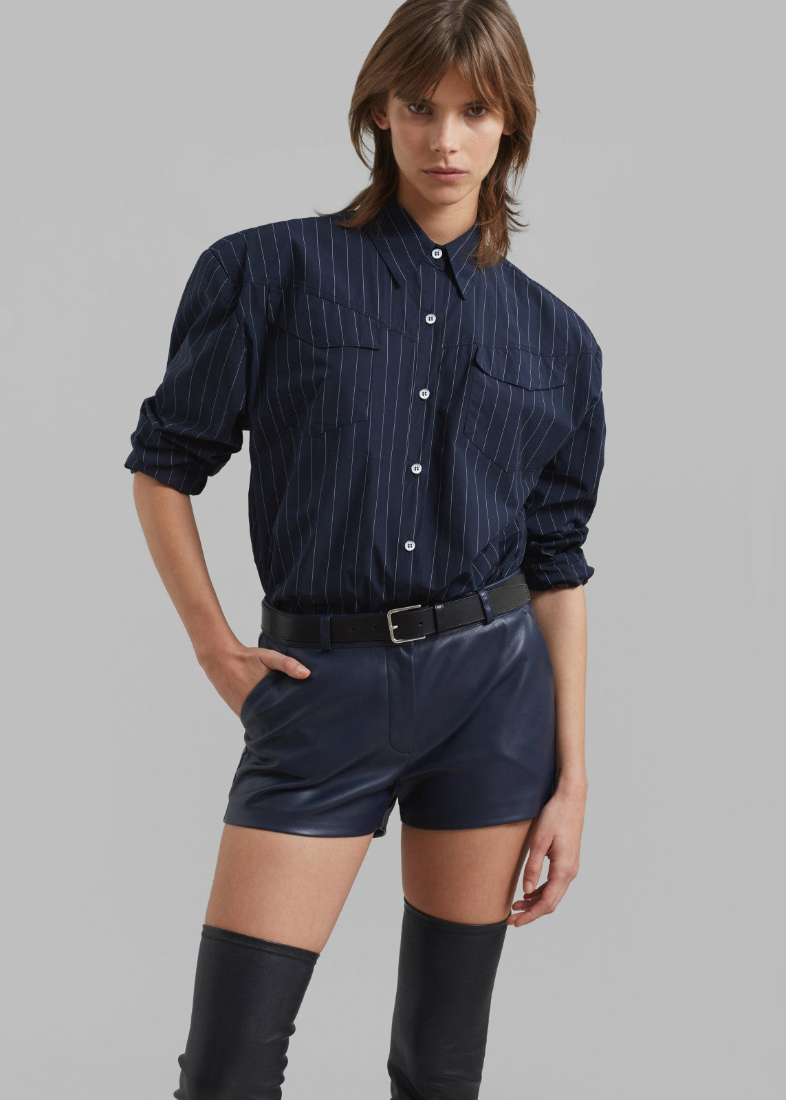 Jeanne Padded Shirt - Navy/White Stripe