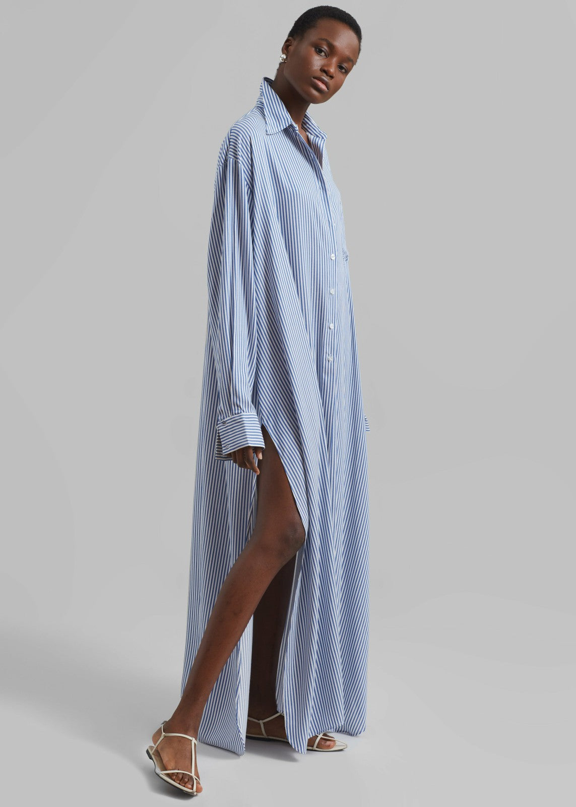 Avery Fluid Shirt Dress - White/Blue Stripe