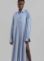 Avery Fluid Shirt Dress - White/Blue Stripe