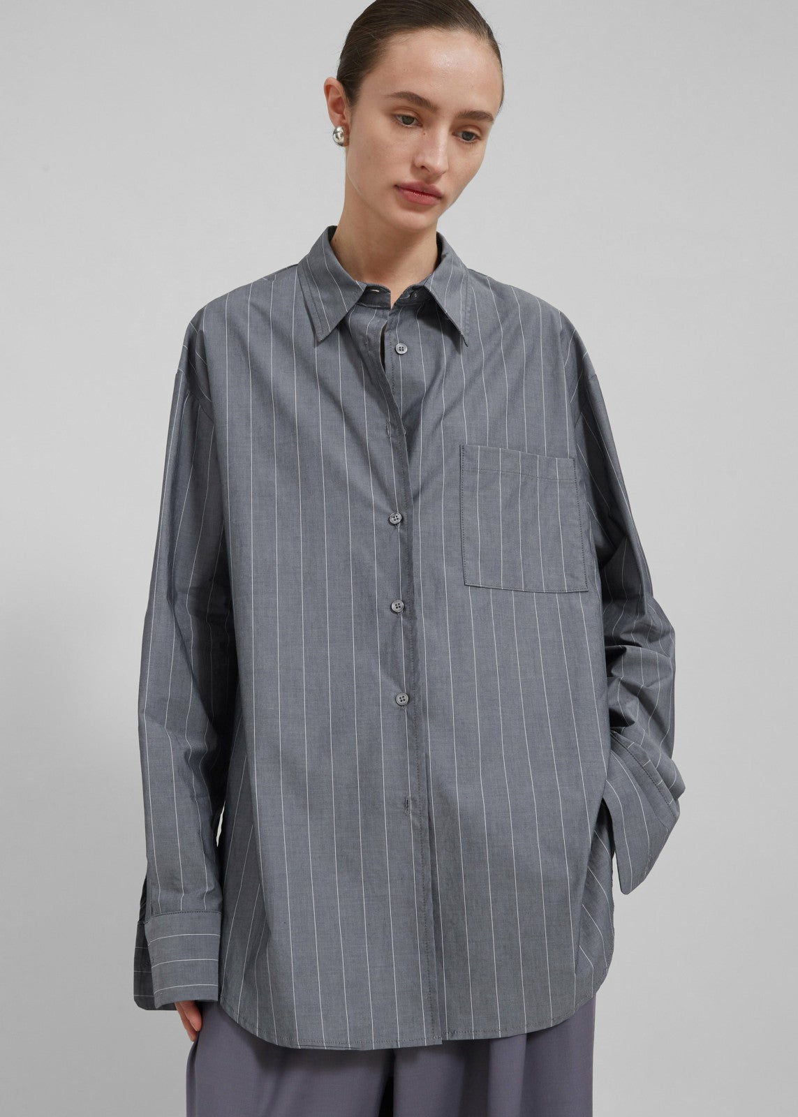 Beatrix Button Up Shirt - Grey/White Pinstripe