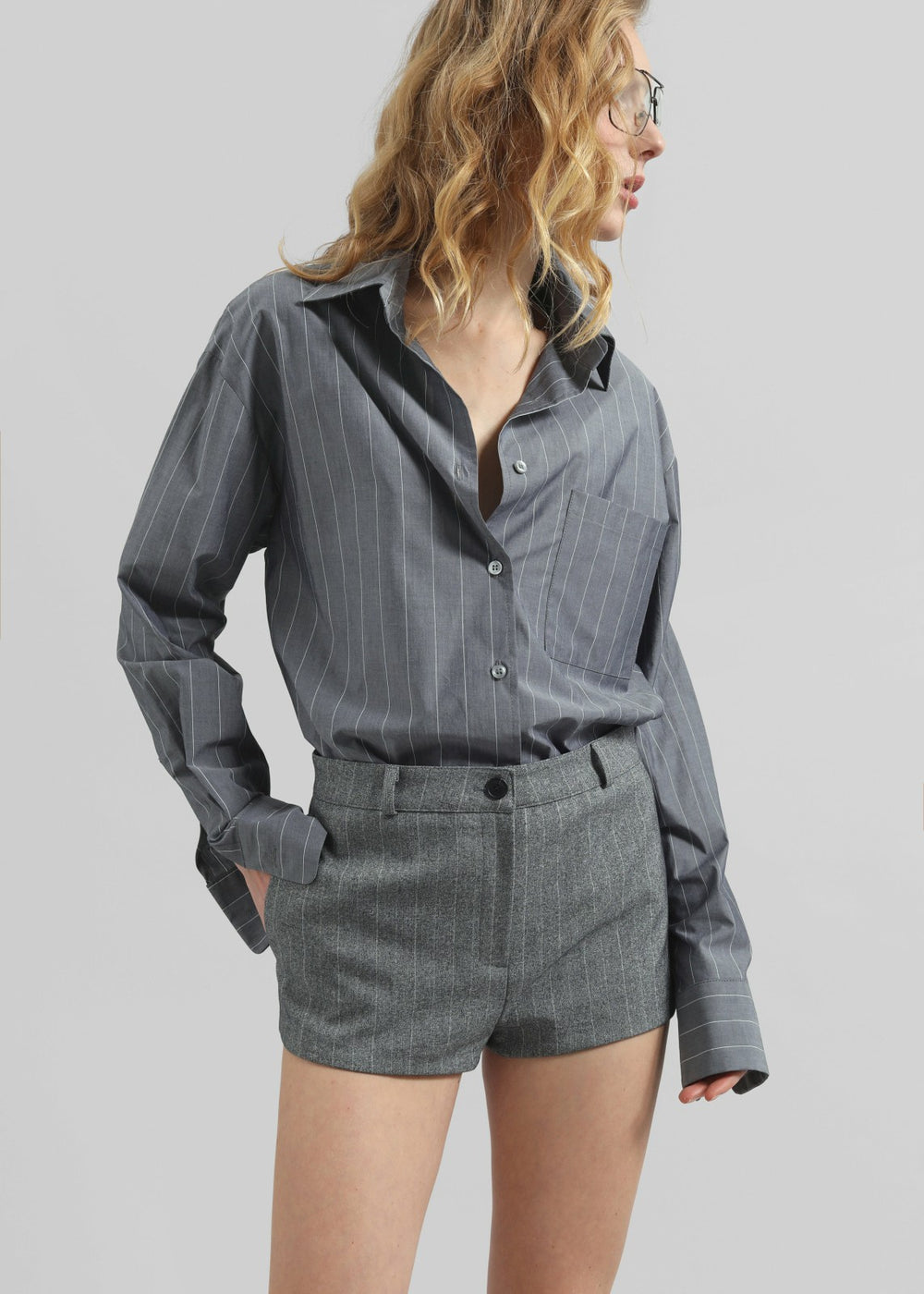 Beatrix Button Up Shirt - Grey/White Pinstripe
