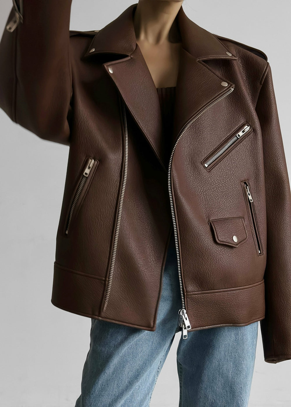 Chicago Oversized Biker Jacket - Brown