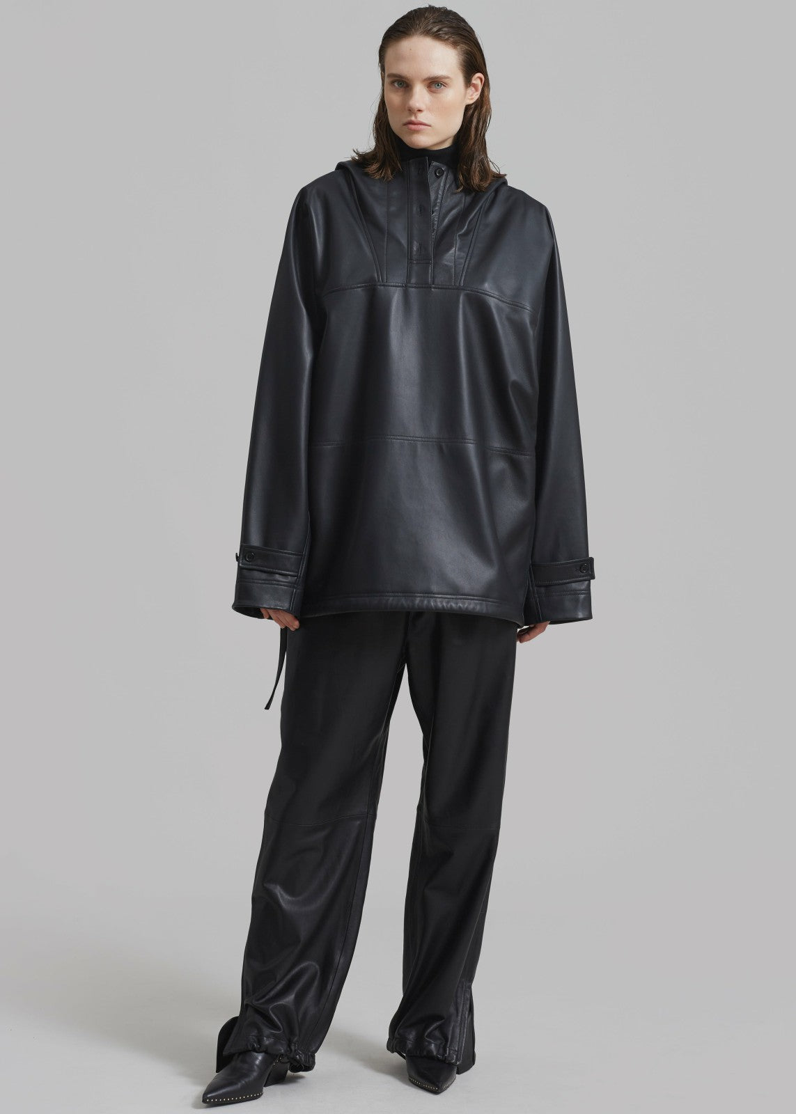 Kevin Leather Hooded Overshirt - Black