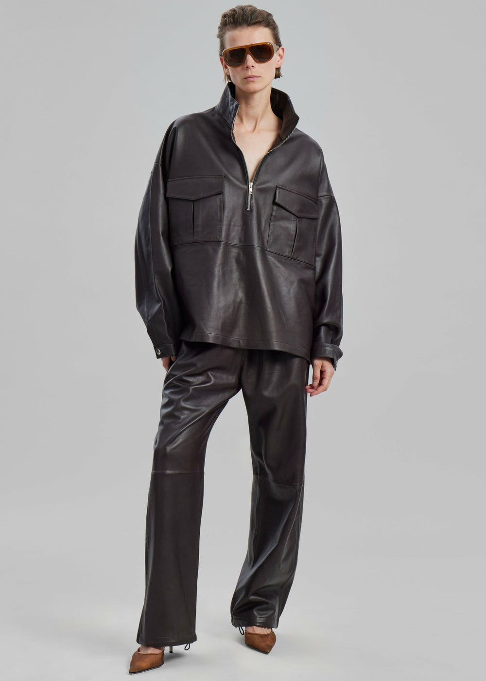 Kevin Leather Half Zip Shirt - Brown