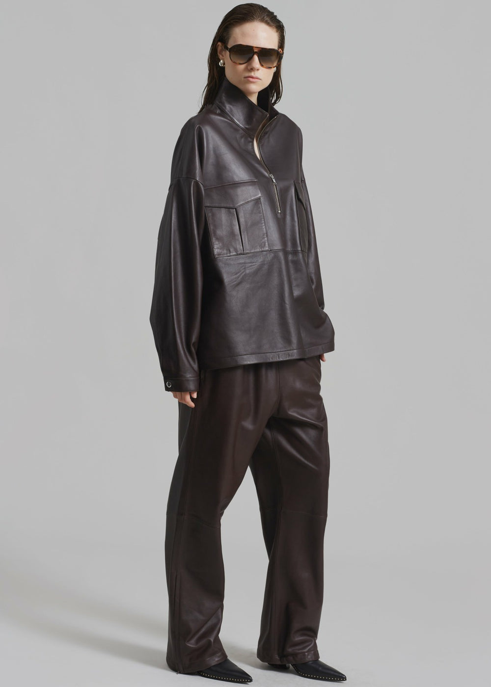 Kevin Leather Half Zip Shirt - Brown