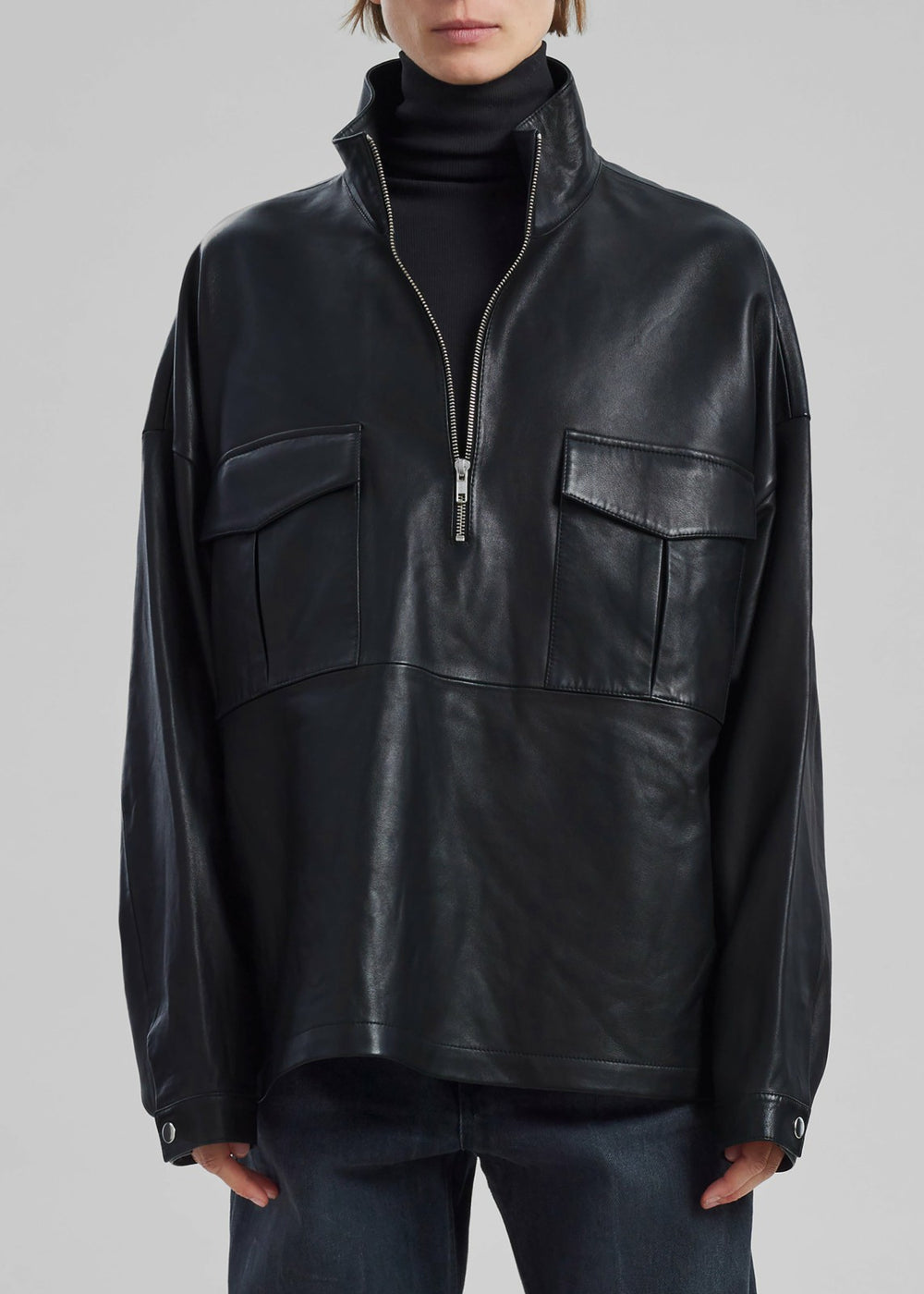Kevin Leather Half Zip Shirt - Black