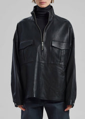 Kevin Leather Half Zip Shirt - Black