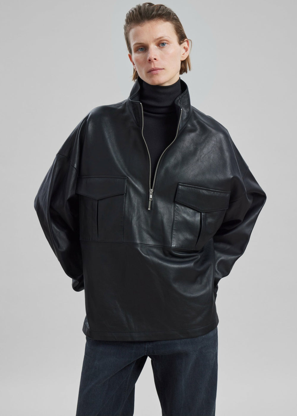 Kevin Leather Half Zip Shirt - Black