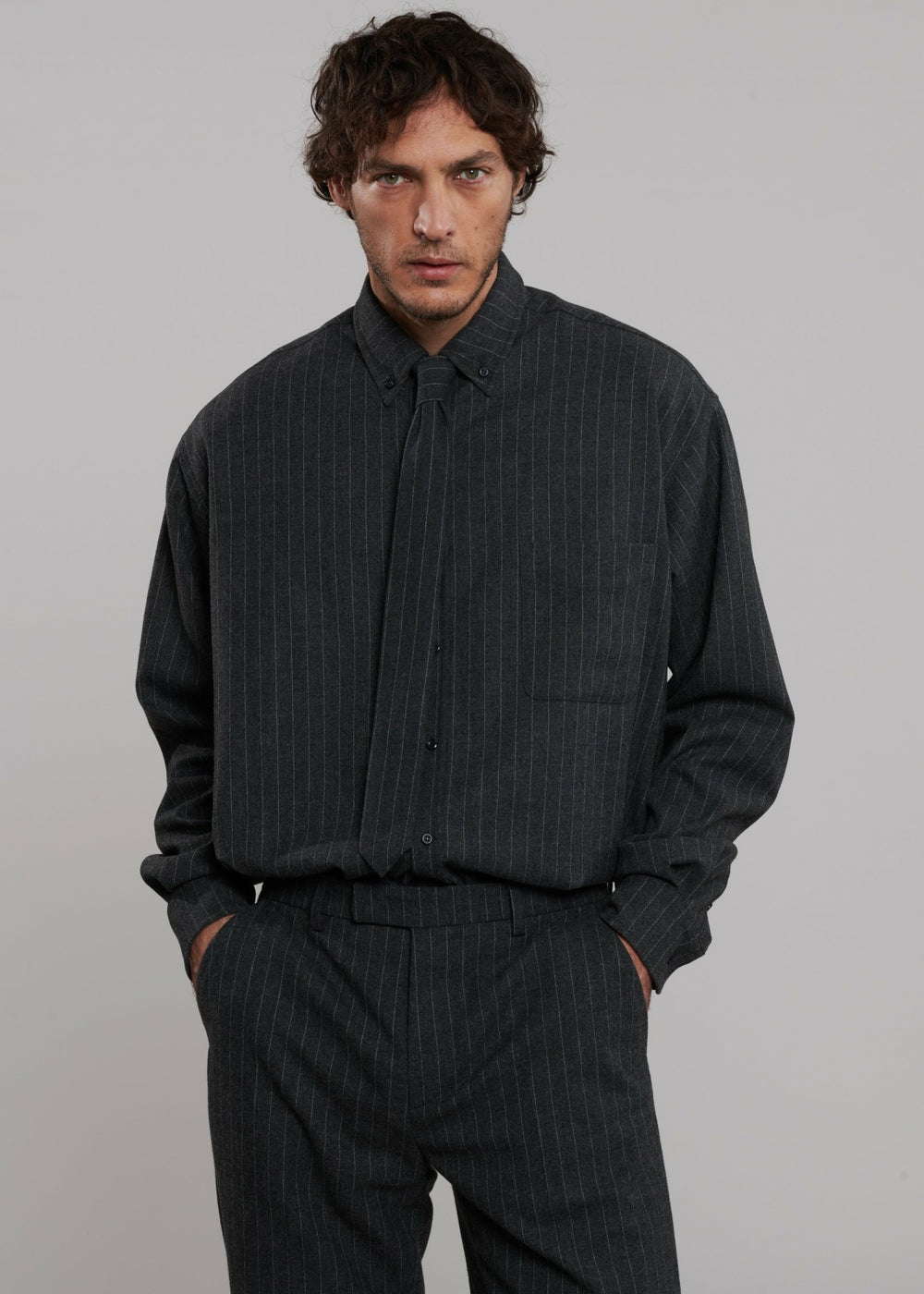 Mason Wool Button Up Shirt - Dark Grey/White Pinstripe