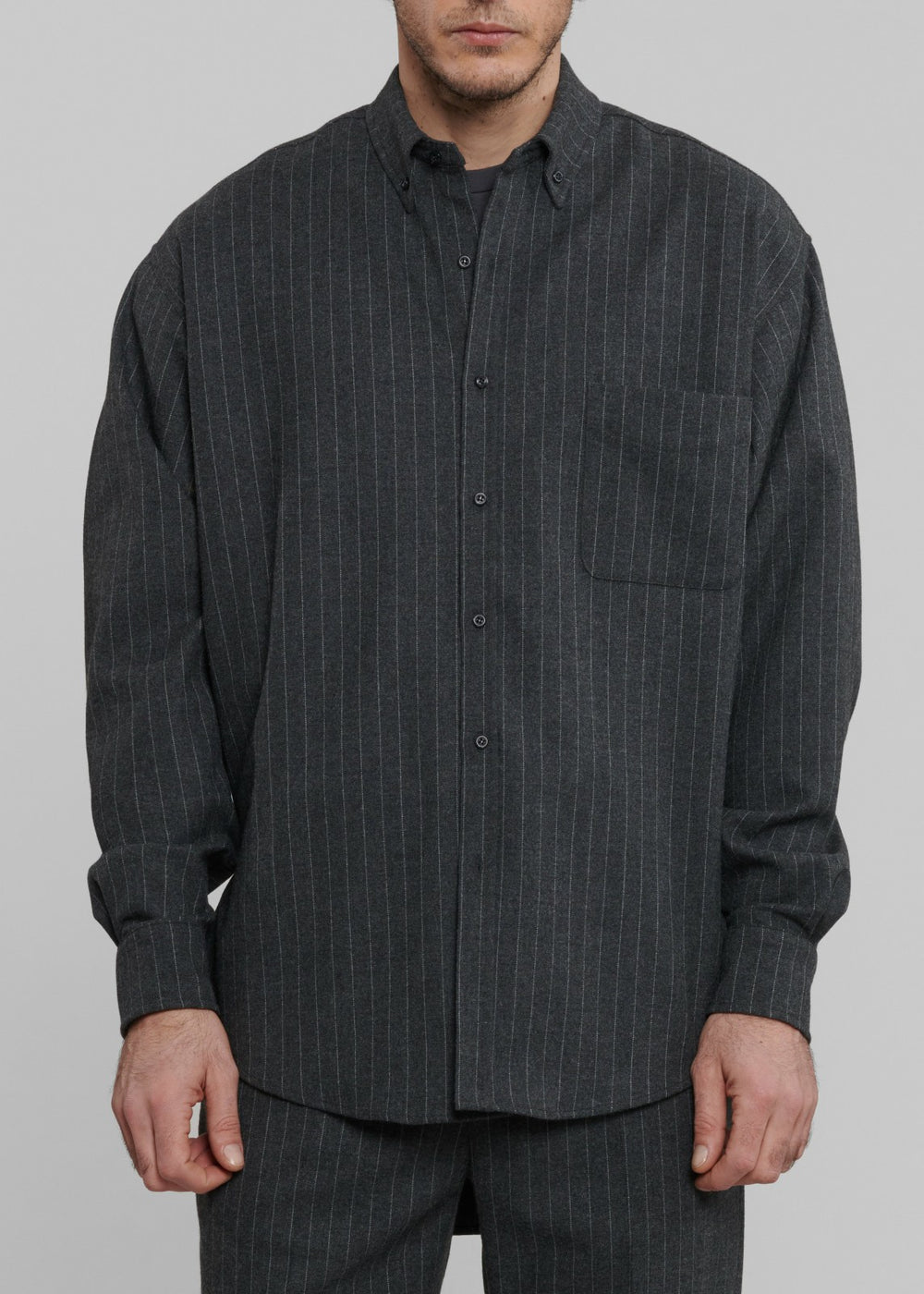 Mason Wool Button Up Shirt - Dark Grey/White Pinstripe