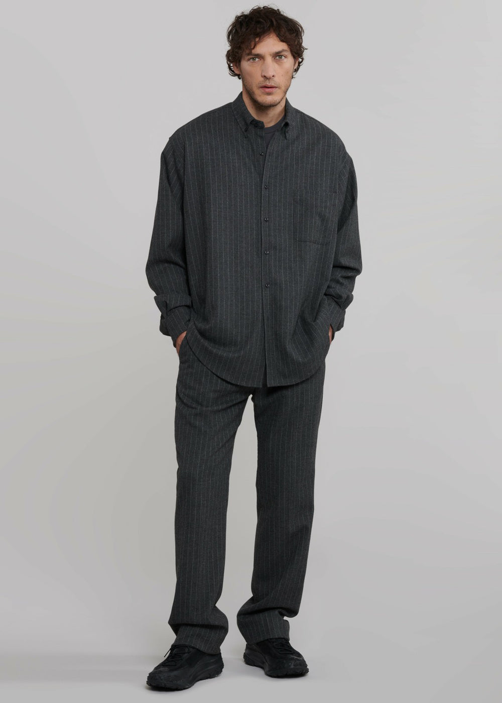 Mason Wool Button Up Shirt - Dark Grey/White Pinstripe