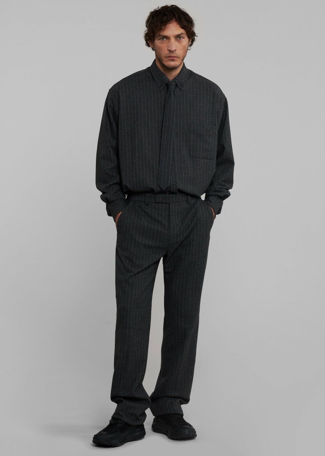 Mason Wool Button Up Shirt - Dark Grey/White Pinstripe