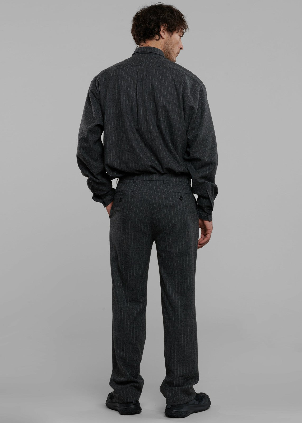 Mason Wool Button Up Shirt - Dark Grey/White Pinstripe