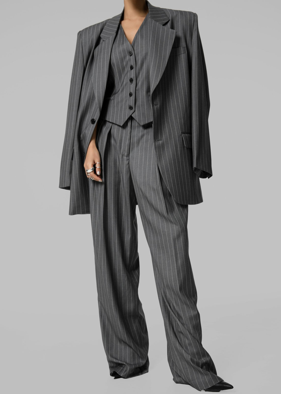 Holland Pleated Trousers - Charcoal/White Pinstripe