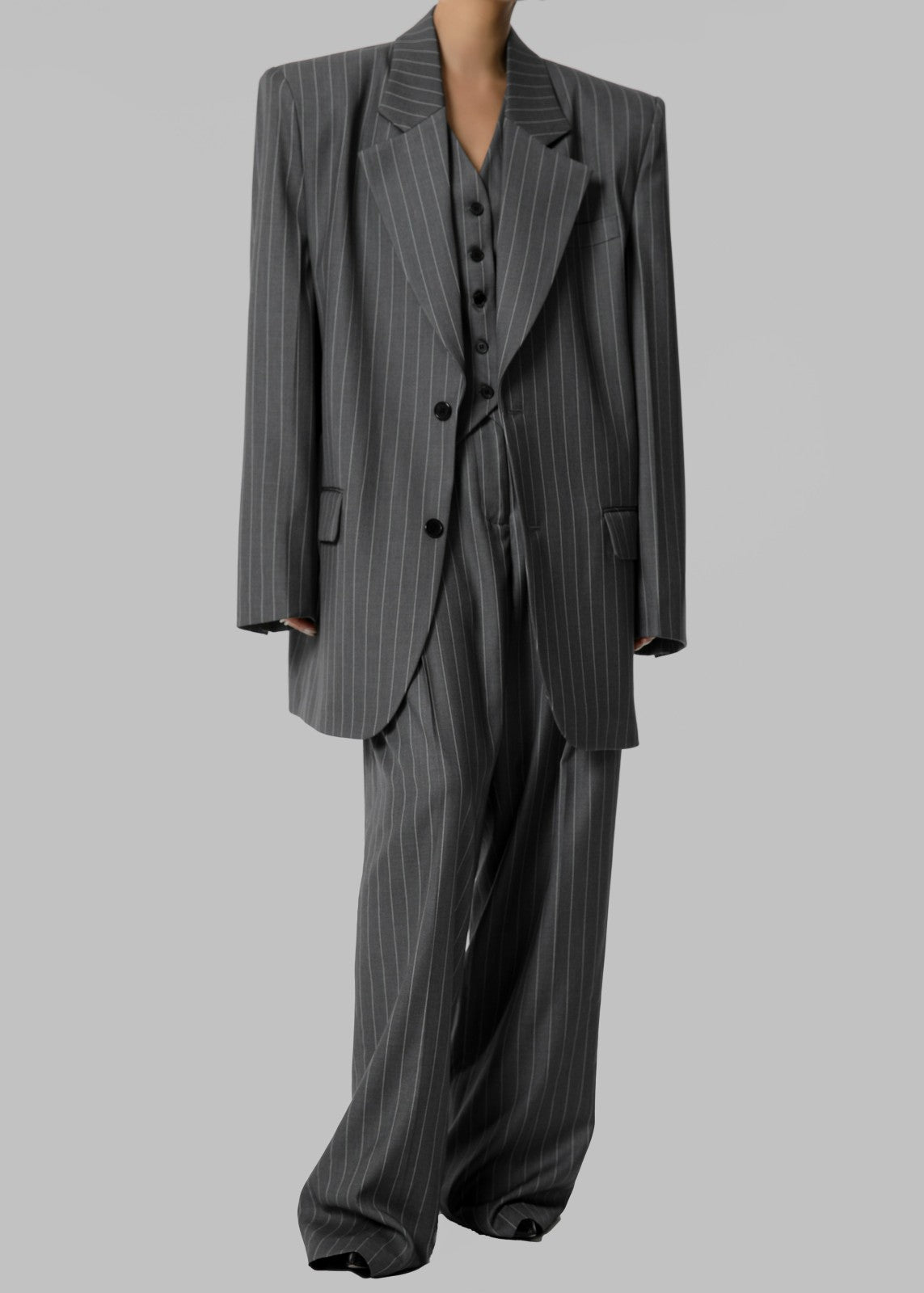 Holland Pleated Trousers - Charcoal/White Pinstripe