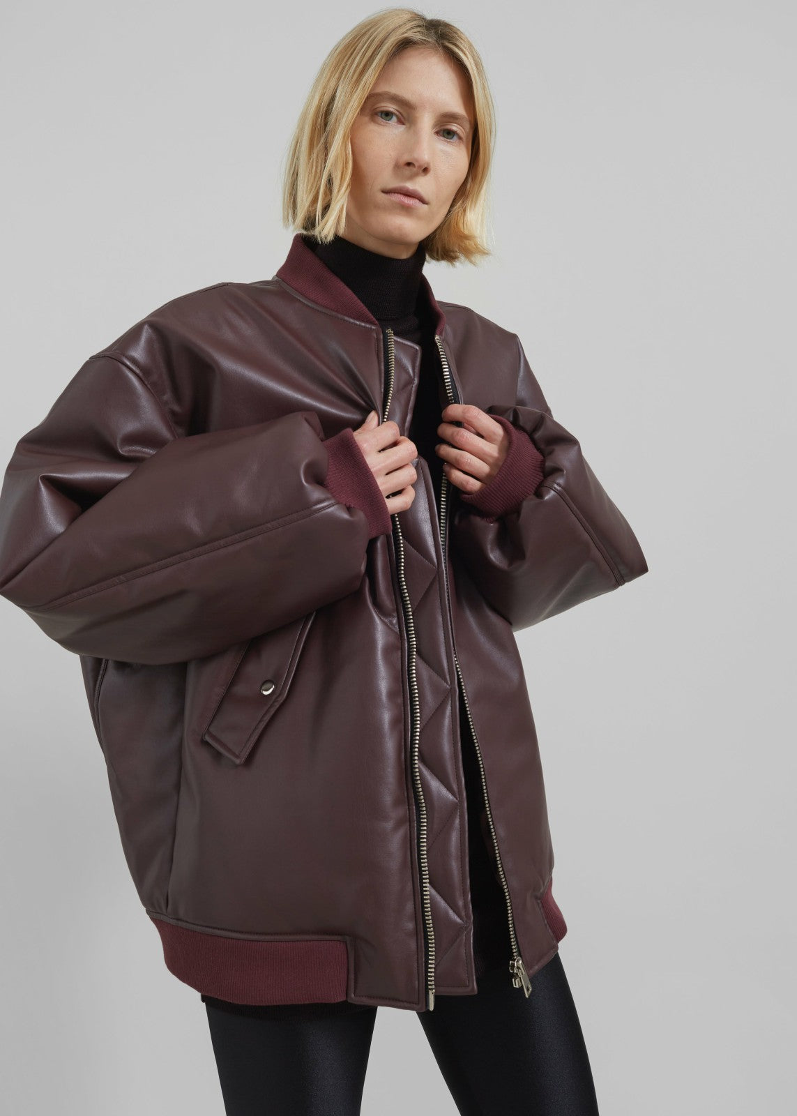 Astra Faux Leather Bomber Jacket - Burgundy