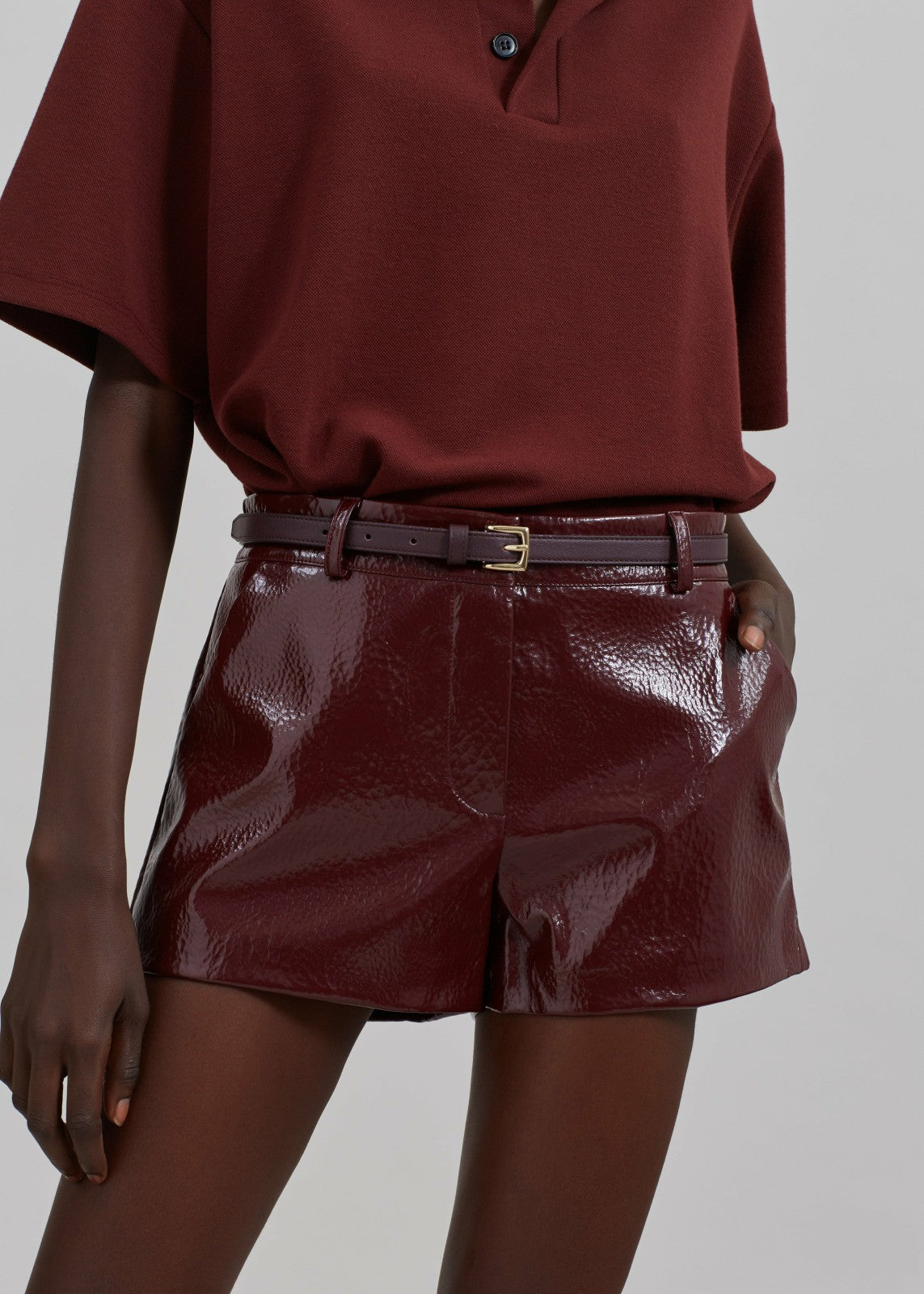 Kate Crackled Faux Leather Mini Shorts - Burgundy