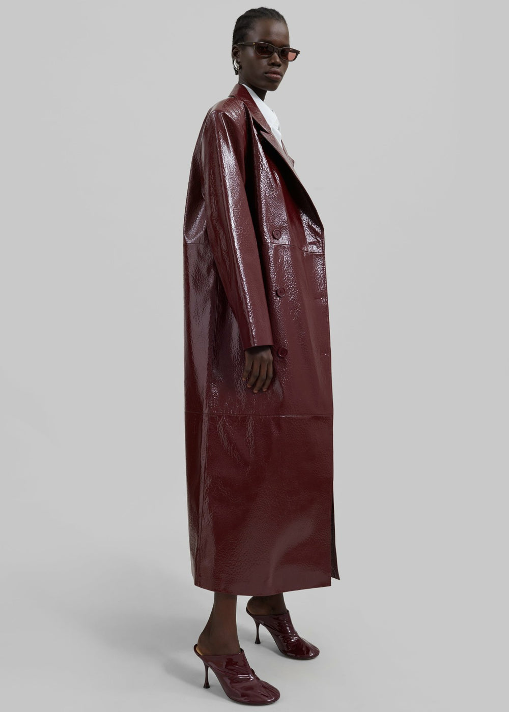 Tina Crackled Faux Leather Trench Coat - Burgundy