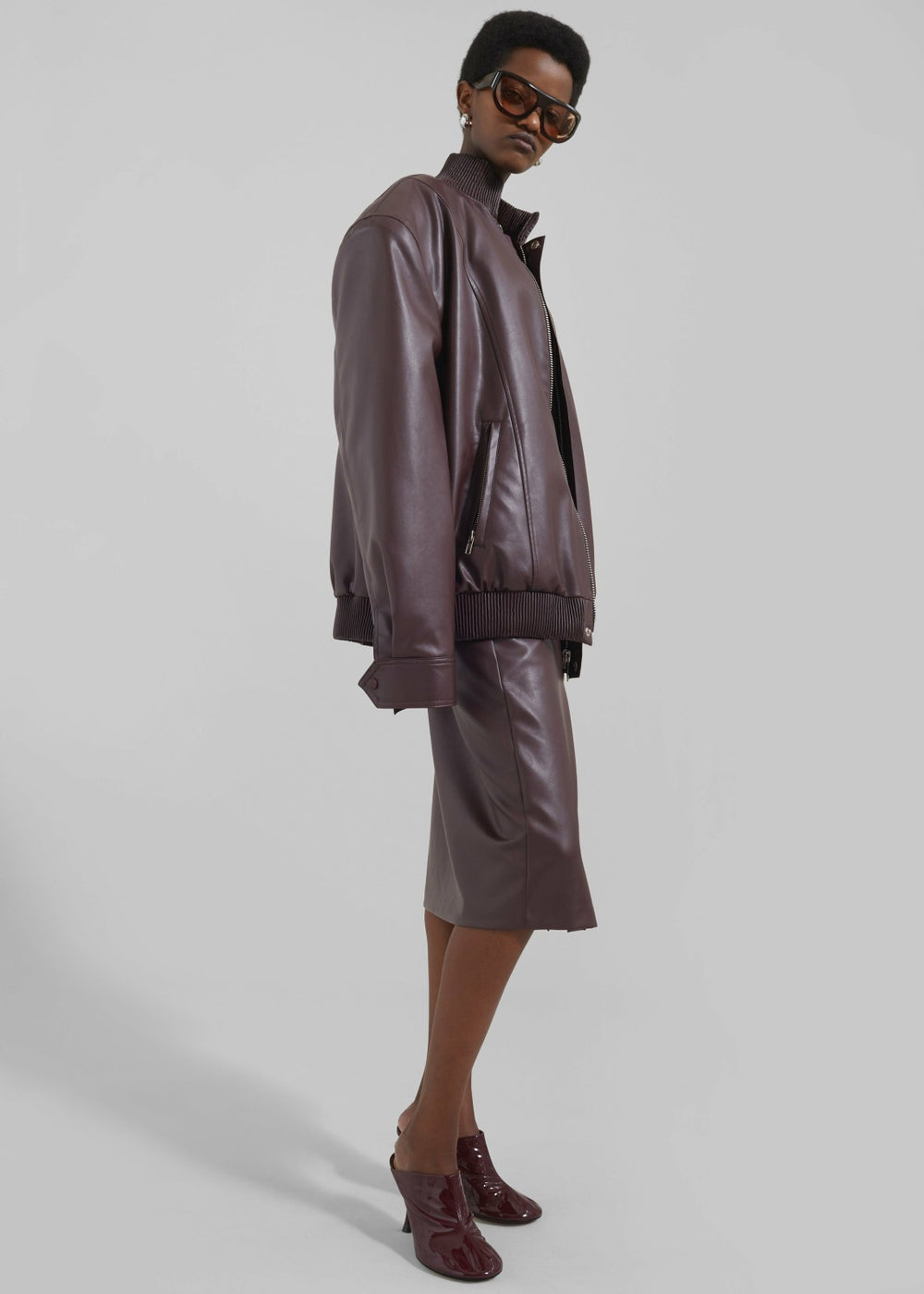 Arley Oversized Faux Leather Bomber - Burgundy