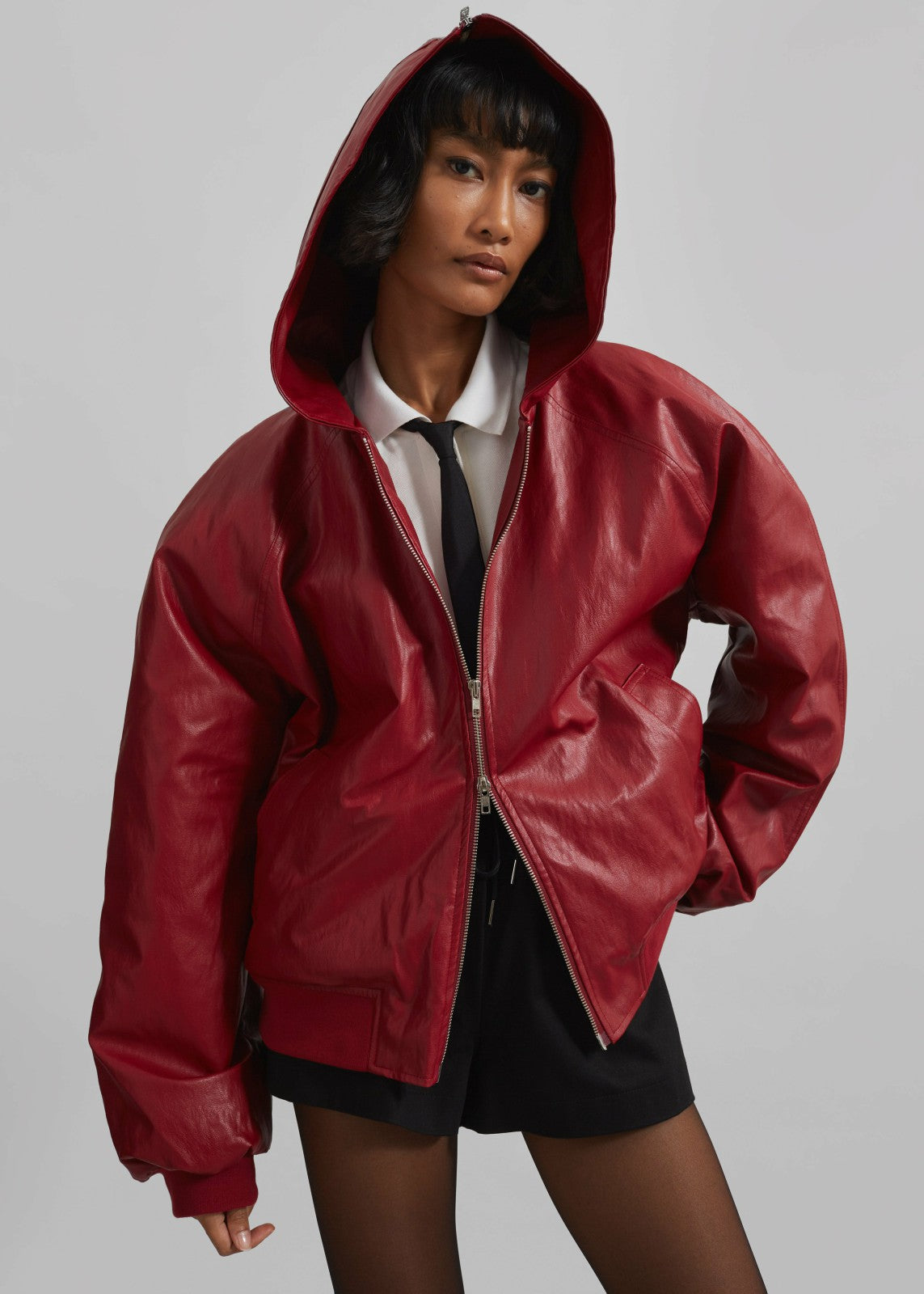 Burnaby Faux Leather Zip-Up Hoodie - Red