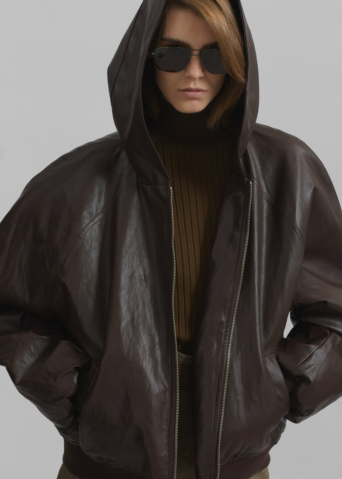Burnaby Faux Leather Zip-Up Hoodie - Brown