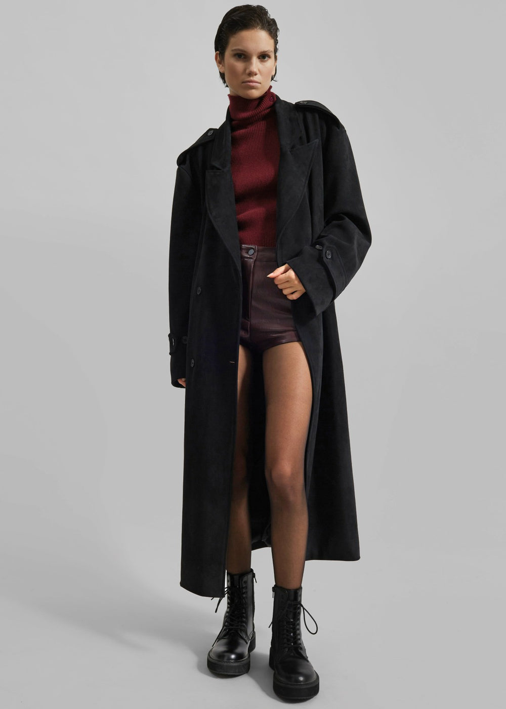 Peoria Faux Suede Trench Coat - Black