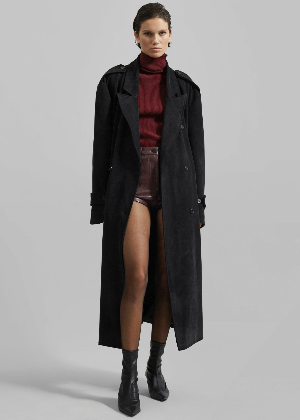Peoria Faux Suede Trench Coat - Black