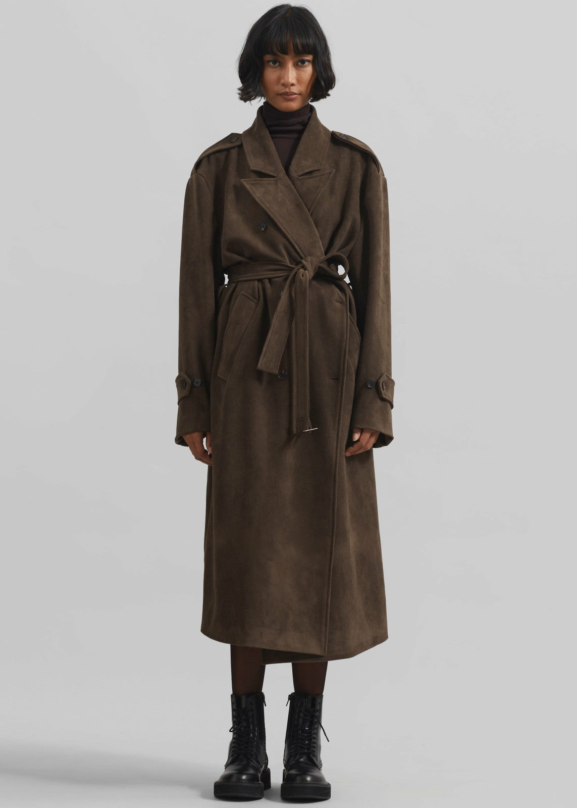 Peoria Faux Suede Trench Coat - Brown