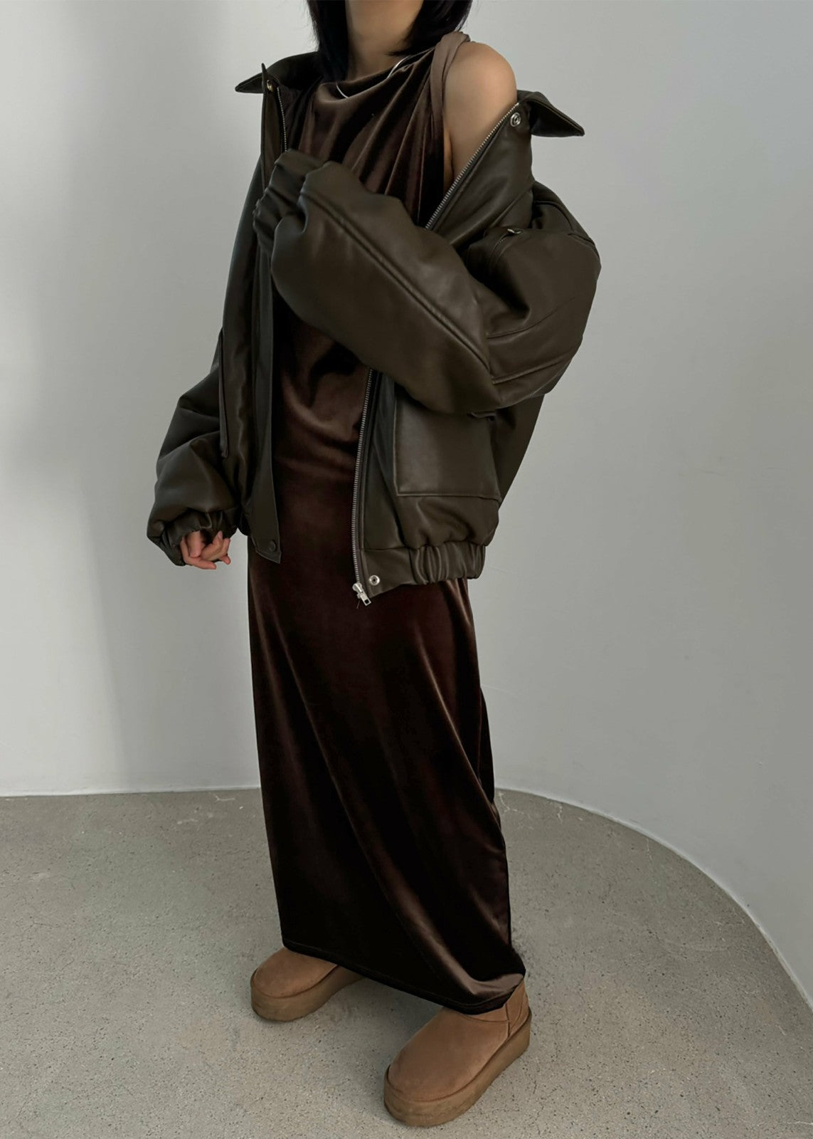 Blane Faux Leather Padded Bomber Jacket - Khaki Brown