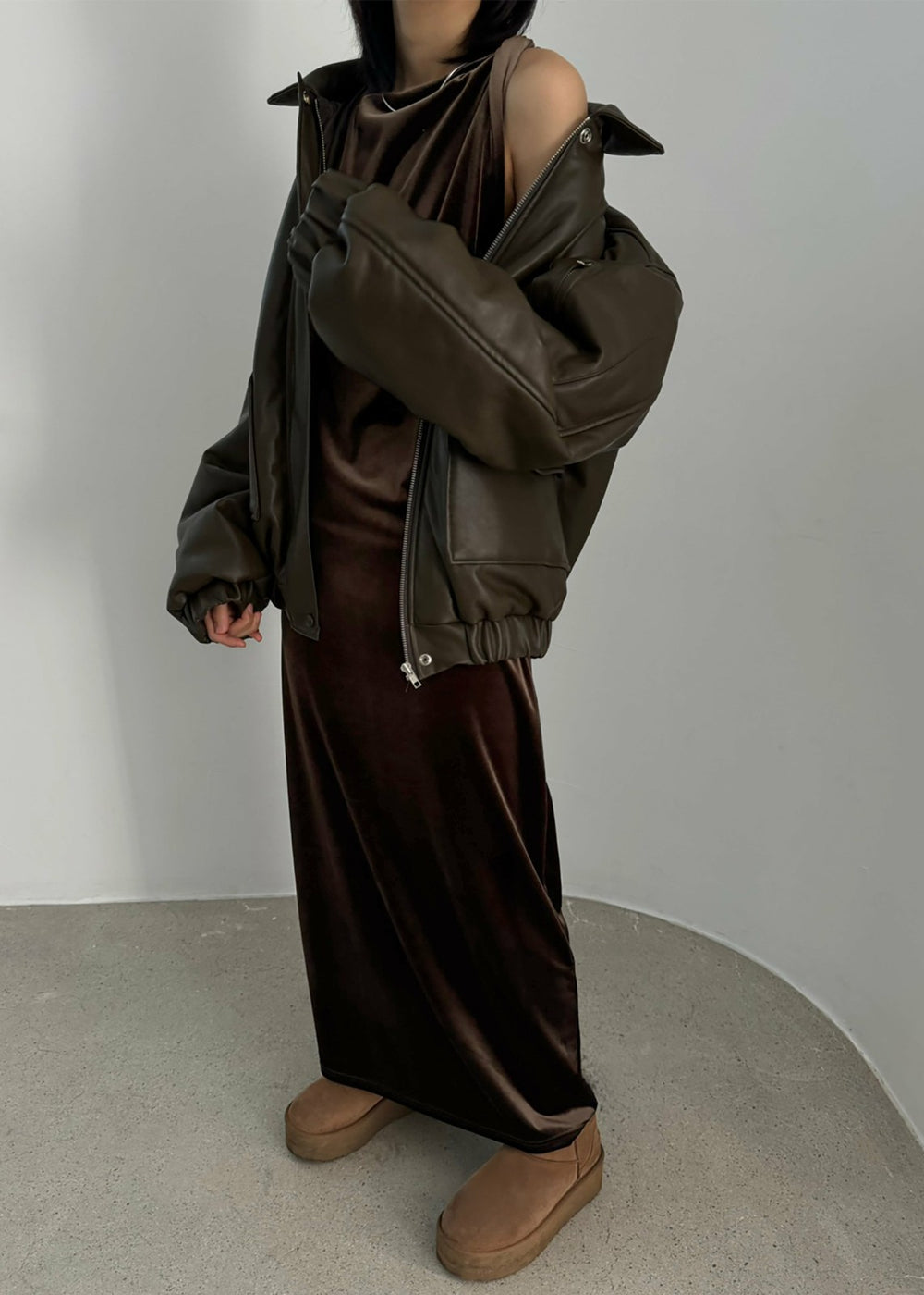 Blane Faux Leather Padded Bomber Jacket - Khaki Brown