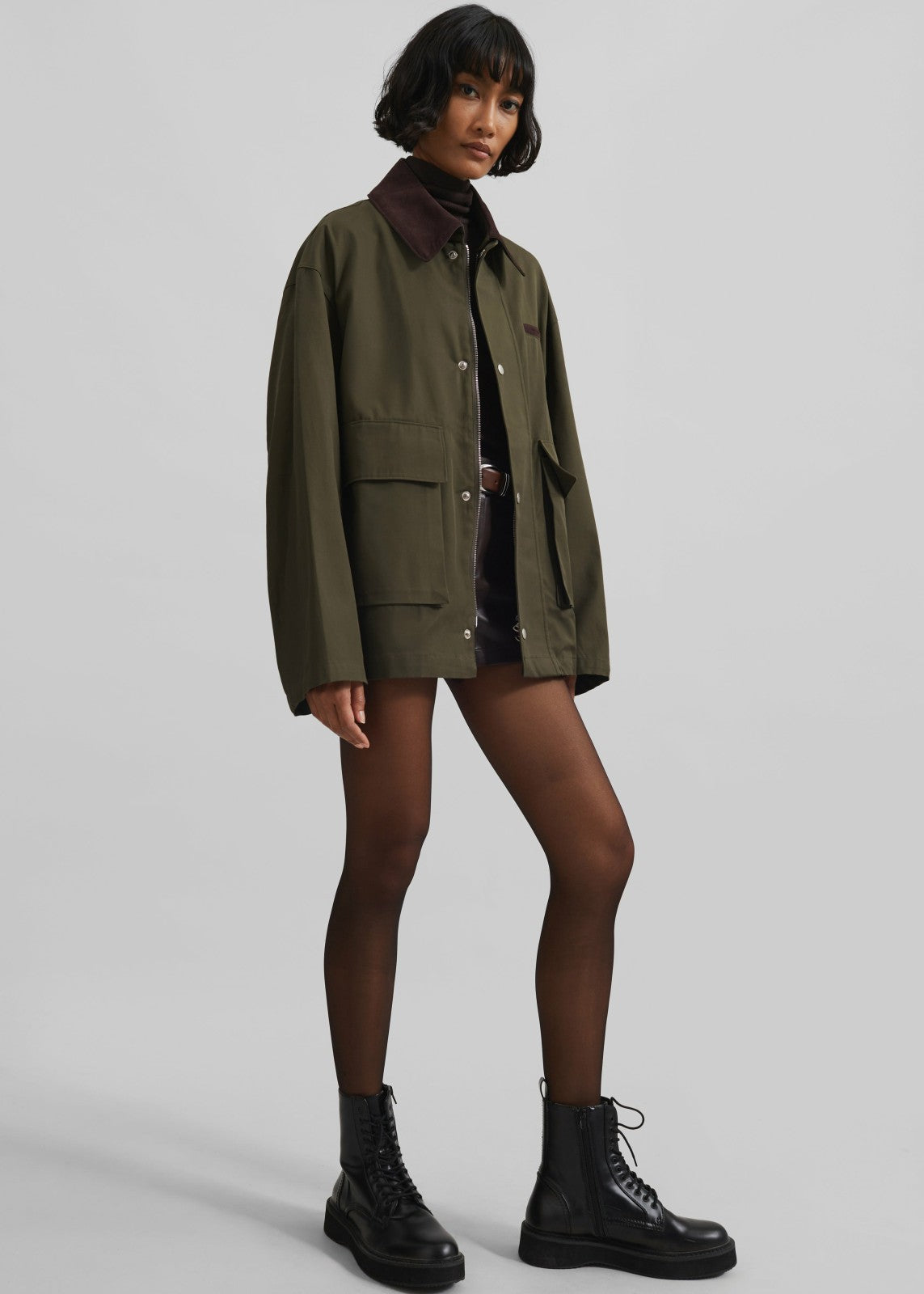 Norven Contrast Collar Utility Jacket - Khaki