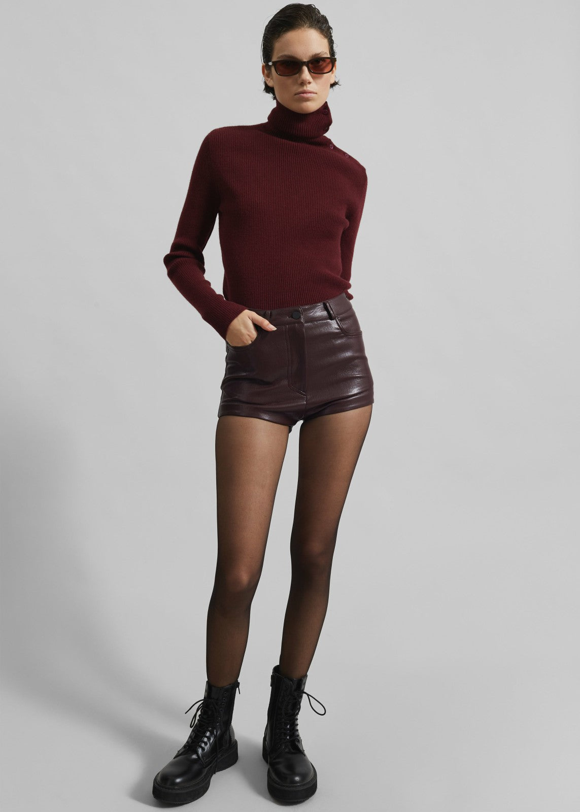 Nevis Faux Leather Hot Pants - Burgundy