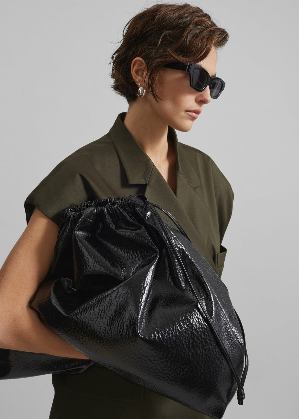 Morgan Crackled Faux Leather Large Pouch - Black