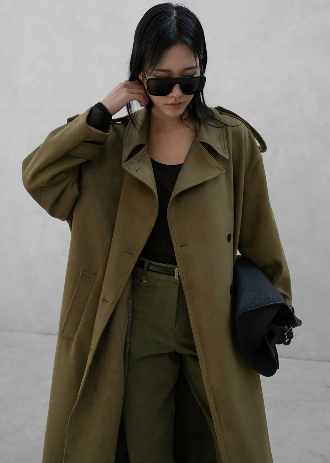 Lulea Faux Suede Trench Coat - Khaki