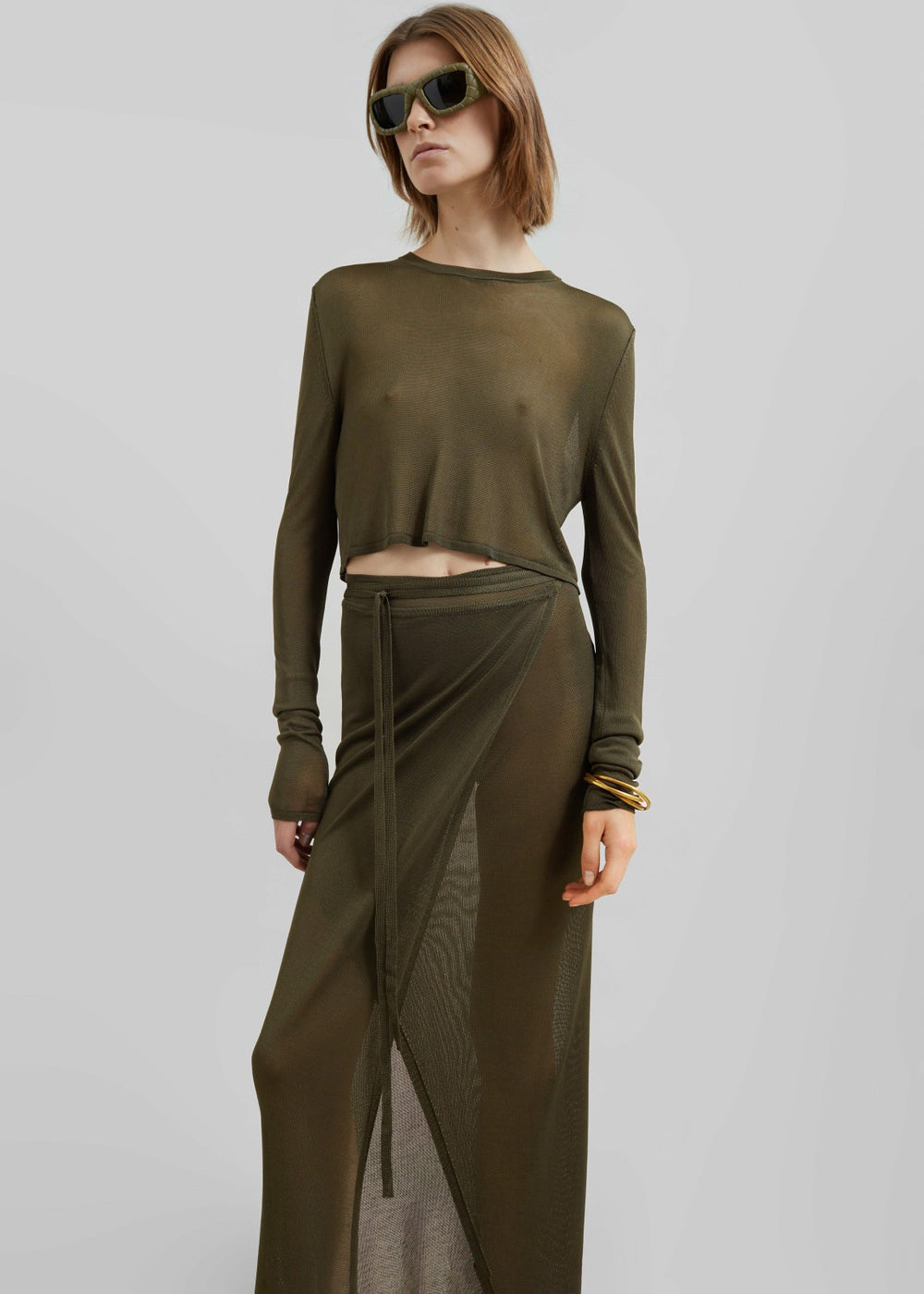 Alsen Thin Knit Wrap Skirt - Khaki