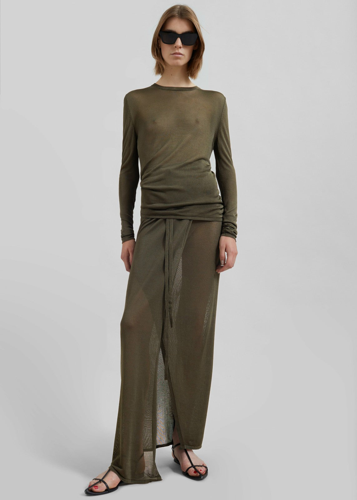 Alsen Thin Knit Wrap Skirt - Khaki